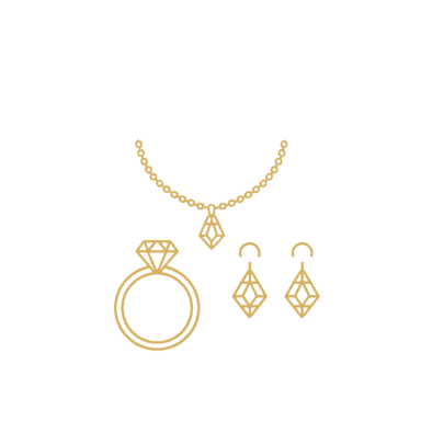 Gouden sieraden set met een ketting, ring en oorbellen met diamantvormige pendants.