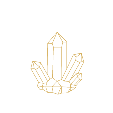 Geometrische tekening van een cluster gouden kristallen op een witte achtergrond.