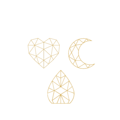 Gouden geometrische ontwerpen van een hart, maan en druppel.