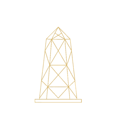 Geometrische toren met een gouden lijntekening en een puntige bovenkant.